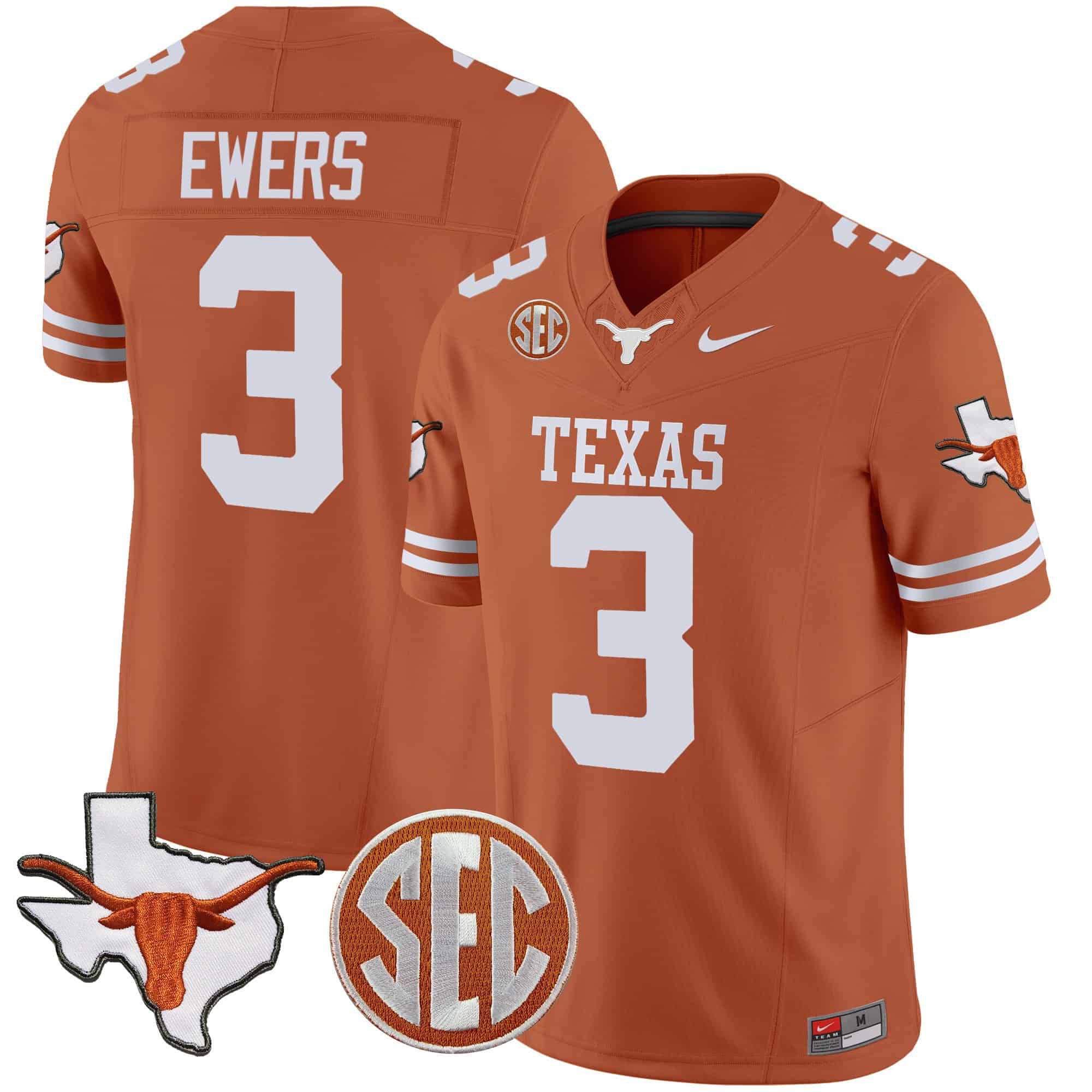 Men Texas Longhorns #3 Ewers Orange 2024 Nike State Map & SEC Patch Vapor NCAA Jersey style 1